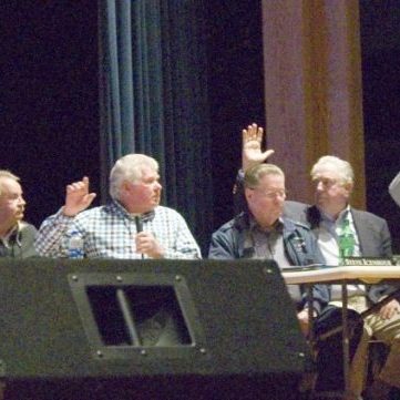 MAJORITY VOTE AGAINST RECOMMENDING GUN RANGE -- On Thursday, January 10, 2019, at Alexander Central Auditorium, the Alexander County/Taylorsville Planning and Zoning Commission voted 7-2 against recommending the Conditional Use Permit 18-2, to operate an outdoor shooting range on the property on Teague Town Road near Church Rd. Pictured above, left to right: P&Z Commission members Bud Caywood, Dawn Shealy, Don Harrington, Chairman Coy Reese, Steve Icenhour, Sam Davis, Matthew Schrum, Dana Benfield, and Sallie Hartis.
