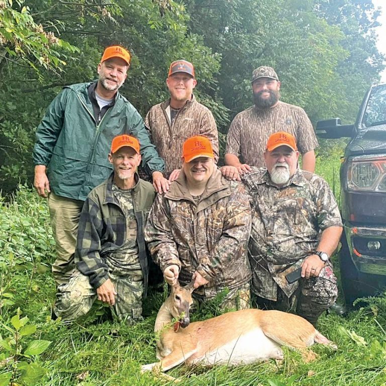 HELPS BLIND HUNTER HARVEST DEER — Big Hearts Outdoors member Kevin Mann was part of a group which helped hunter Ryan Harvey, who is blind, harvest a deer in an earlier hunt. Above, left to right: kneeling – Stuart Efird, Ryan Harvey, Mike Plemmons; standing – Kevin Mann, Kyle Efird, and Jacob Mann.